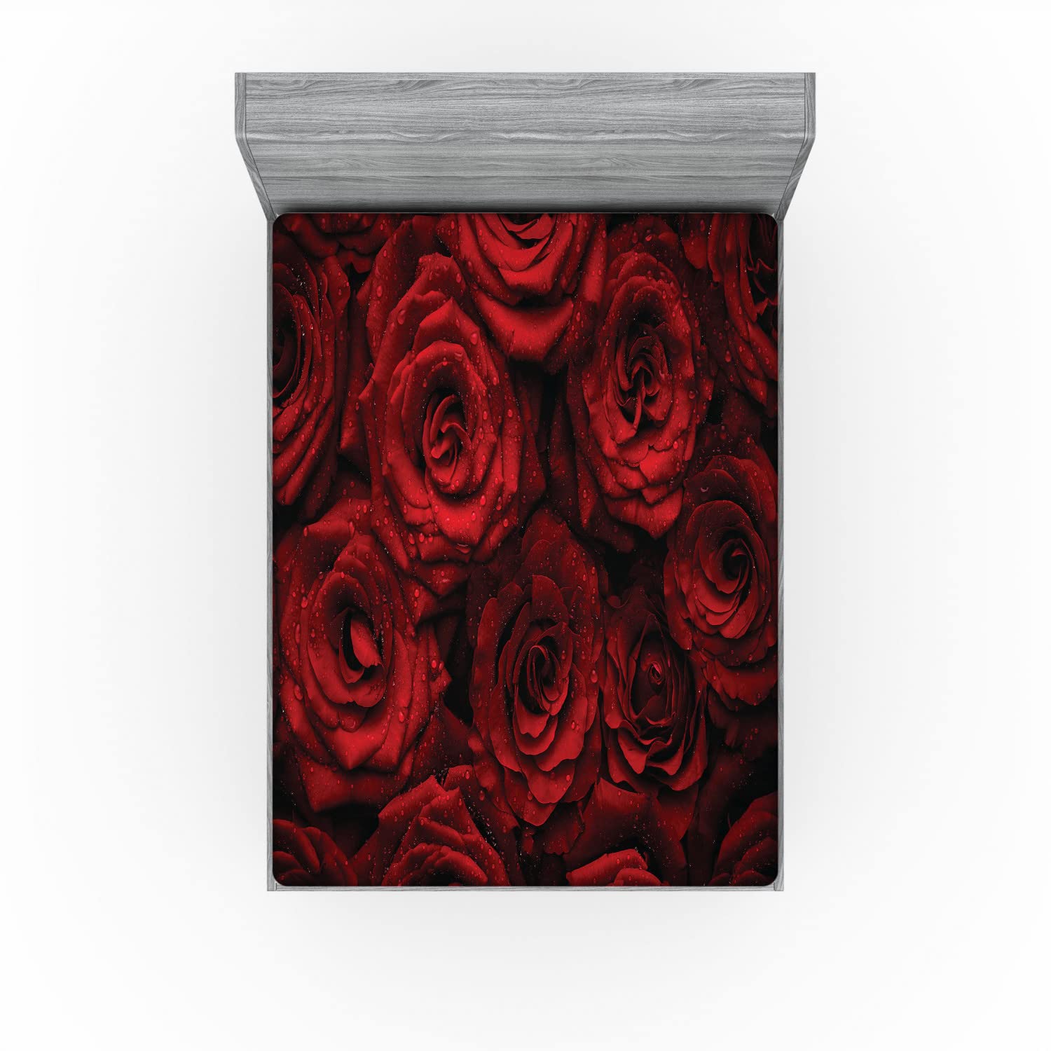 Ambesonne Romance Fitted Sheet, Roses Drops of Water Blooming Bouquet of Love and Passion Image Illustration, Soft Decorative Fabric Bedding All-Round Elastic Pocket, Full Size, Black Red