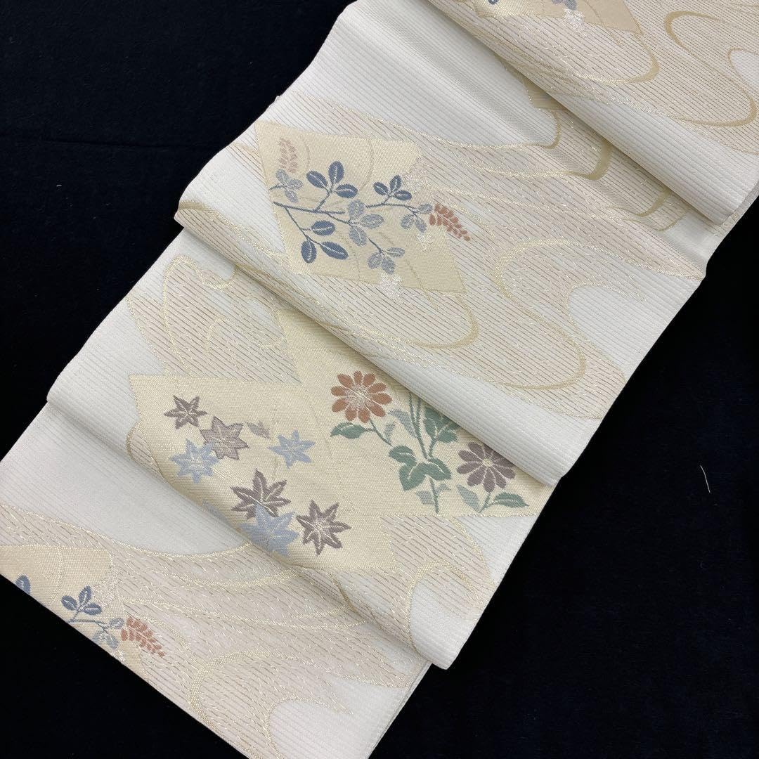 新品☆夏物,単衣きもの兼用袋帯仕立上り☆西陣老舗伝統涼感工芸露芝花文特選紗織 新品☆夏物,単衣きもの兼用袋帯仕立上り☆西陣老舗伝統涼感工芸波菱花