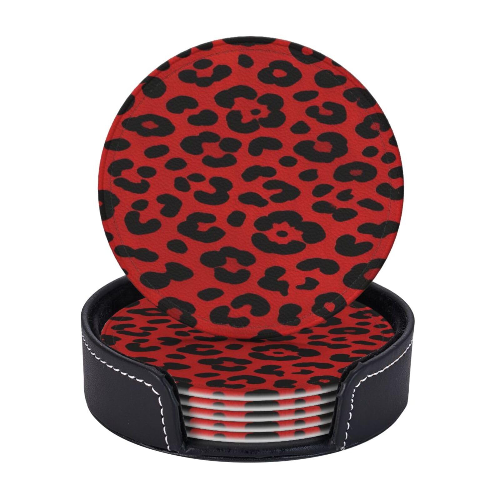 Drink Coasters 6 PCS Round Leather Coaster Red Leopard Pattern Coasters for Drinks Non-Slip Mugs Pads with Holder Personalized Cups Pad Mat for Coffee Table Kitchen 10 CM