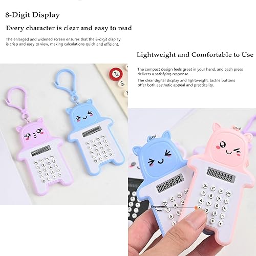Miniatura 2 de Paquete de 6 mini calculadoras digitales con llavero bonito, pantalla LCD de 8 dígitos, diseño de dibujos animados, portátil para la escuela y la