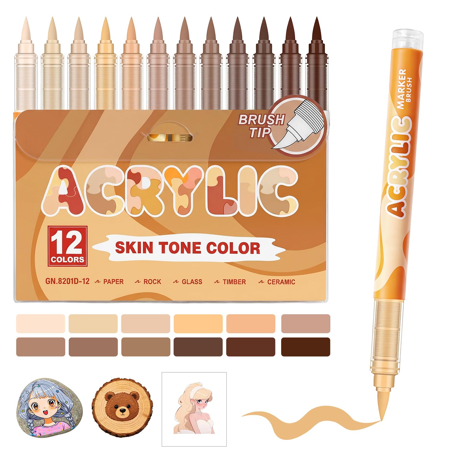 flintronic 12 PCS Skin Tones Acrylic Paint Pens, Waterproof Markers With Soft Brush Tip, Quick-drying Acrylic Paint Markers with Ink Visual Window for Rock Painting Wood Ceramic Glass Egg DIY Craft