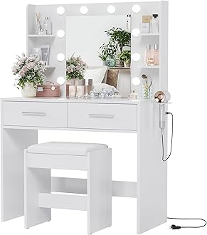 YESHOMY Vanity Desk with Mirror, Makeup Table with 2 Large Drawers, Power Outlet and Round Holder, 3 Color Modes Adjustable Bulb, Bench Included, White