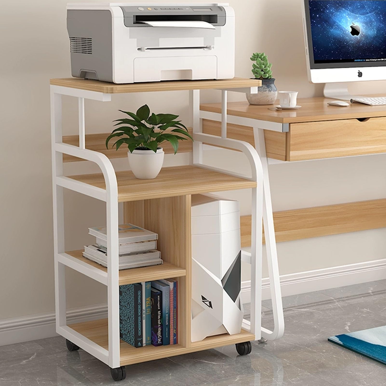 Soporte para impresora de 4 niveles con estante de almacenamiento, carrito móvil resistente para suministros de oficina, fax, escáner, archivos y organización de libros