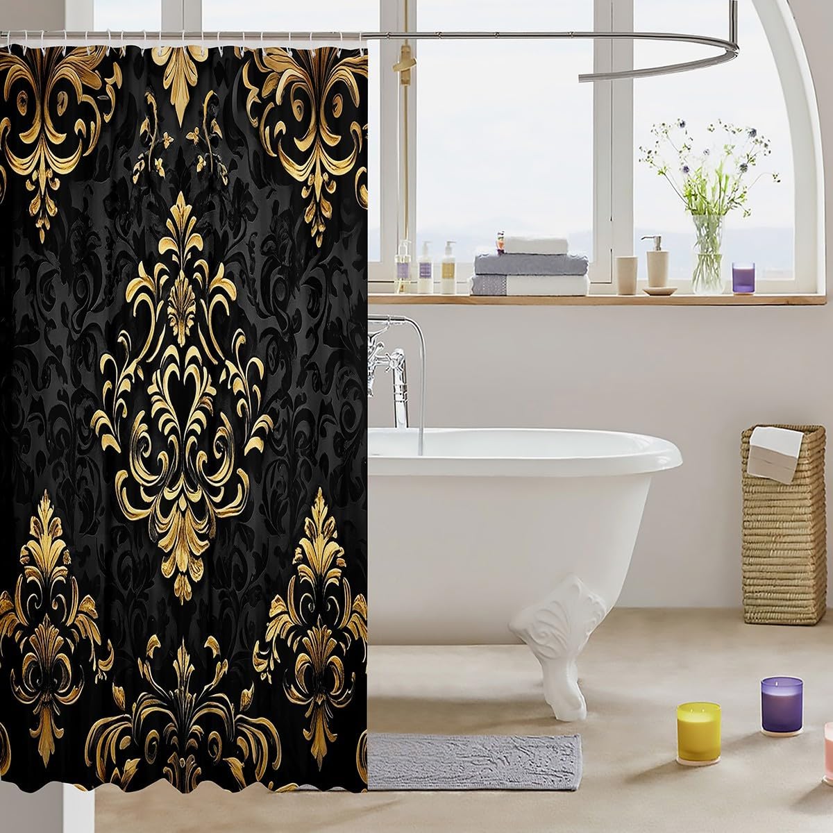 Erosebridal Black Gold Gothic Bathroom Accessories 72" Wx78 L,Vintage Boho Damask Floral Bathroom Curtain,Bohemian Exotic Goth Shower Curtain Victorian Baroque Flower Shower Bathtub Decor
