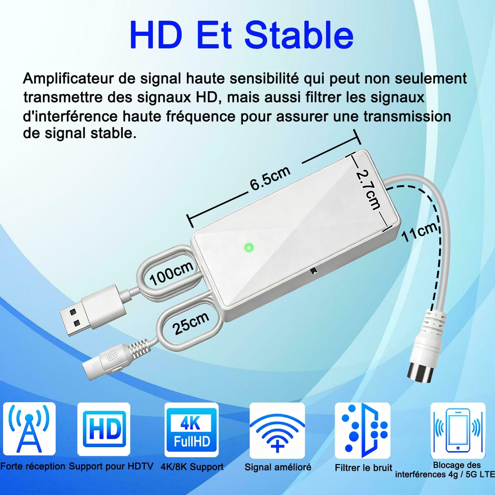 Amplificateur Antenne TV, Alimenté par USB, Gain Elevé 25dB, Booster de Signal pour TNT/DVB-T2, Compatible Antenne Intérieure et Extérieure, Amélioration de Réception (White)
