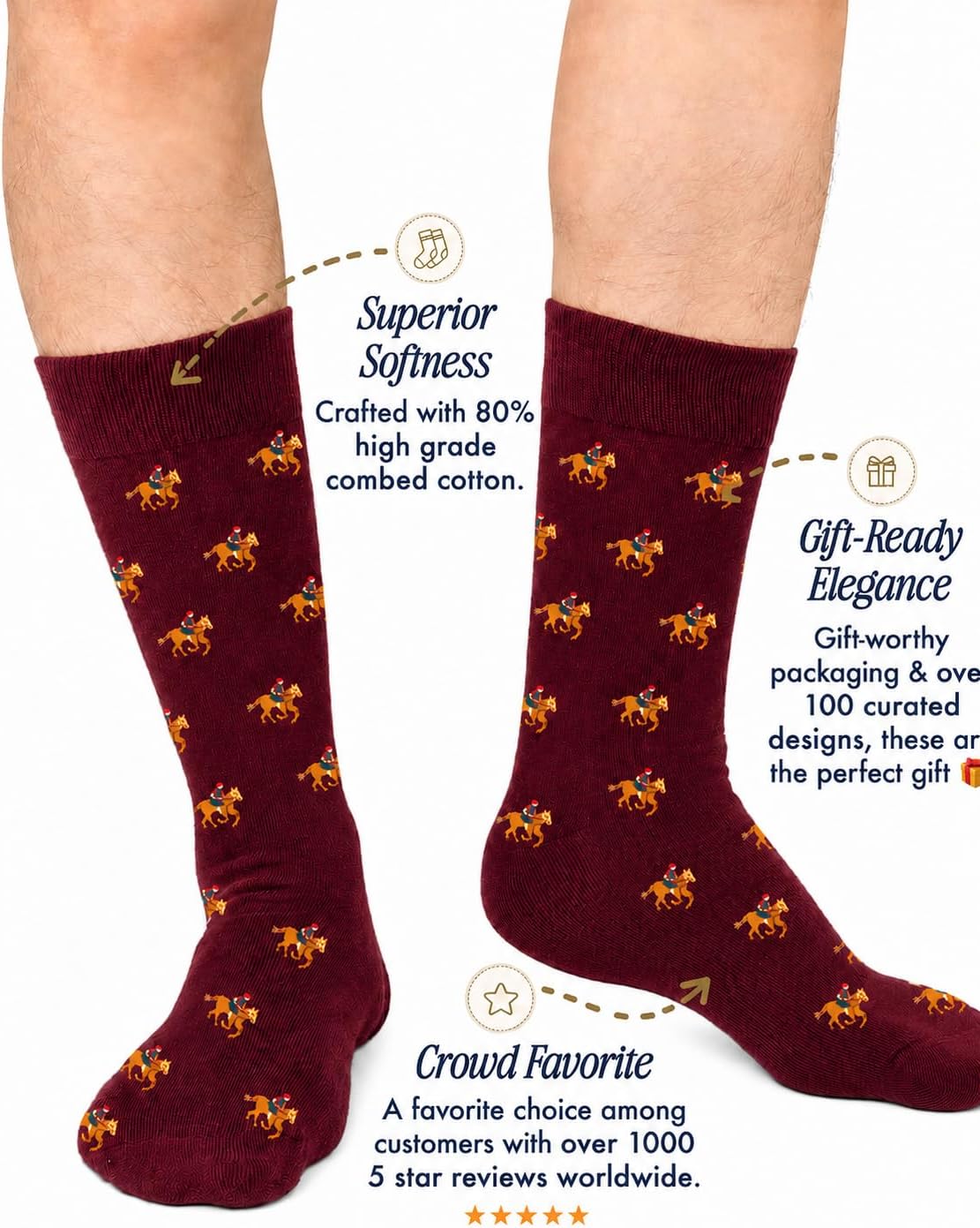 AUSCUFFLINKS THOROUGHBRED RACING HORSE - BURGUNDY Men’s Socks – Horse Racing Theme Socks with Jockey Pattern for Fans, Trainers & Owners – Novelty Sports Races (THOROUGHBRED RACING HORSE - BURGUNDY)