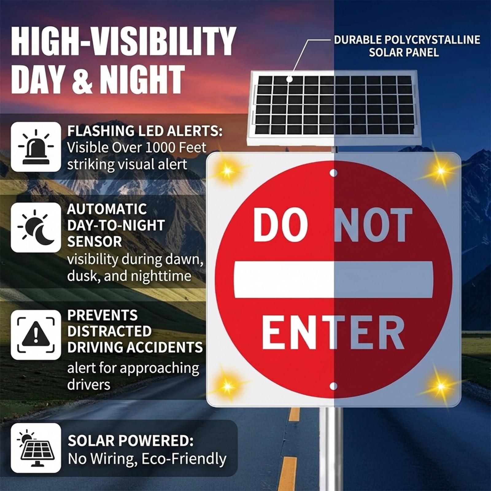 Señal de prohibición de Entrada con LED solares, Superficie Reflectante de Grado Industrial, Marco de Aluminio, para fábricas y áreas restringidas. 24in（60cm）