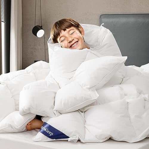 Miniatura 2 de Edredón de plumón de ganso tamaño Queen, relleno de edredón de plumas esponjosas de color blanco invierno con pestañas, peso de relleno 780 para un