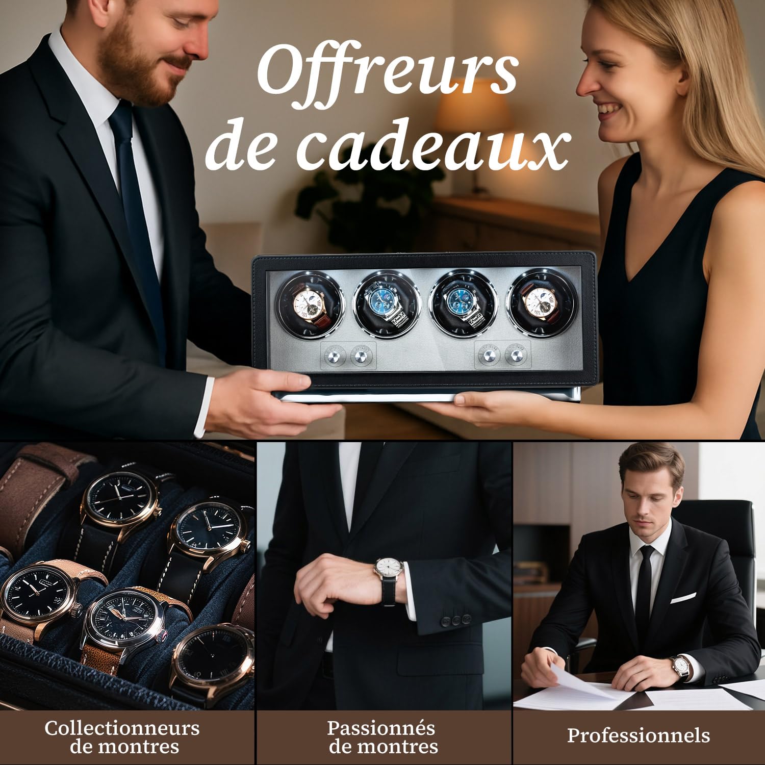 Mcbazel Remontoir pour Montre Automatique - Boîte à Remontre Automatique en Cuir PU Rectangulaire pour 4 Montres, Moteur Ultra-Silencieux avec 4 Cadrans de Montre, Eclairage LED, 4 Modes de Rotation