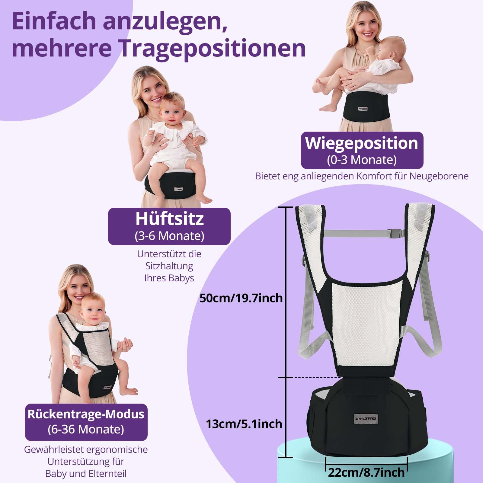 Ergonomische Babytrage mit Verstellbarem Gurt - 6-in-1 Neugeborenen-Kleinkind-Tragetuch, Atmungsaktive Mesh-Babytrage für Sommer, Kompakt für Reisen & Outdoor-Abenteuer (Schwarz)