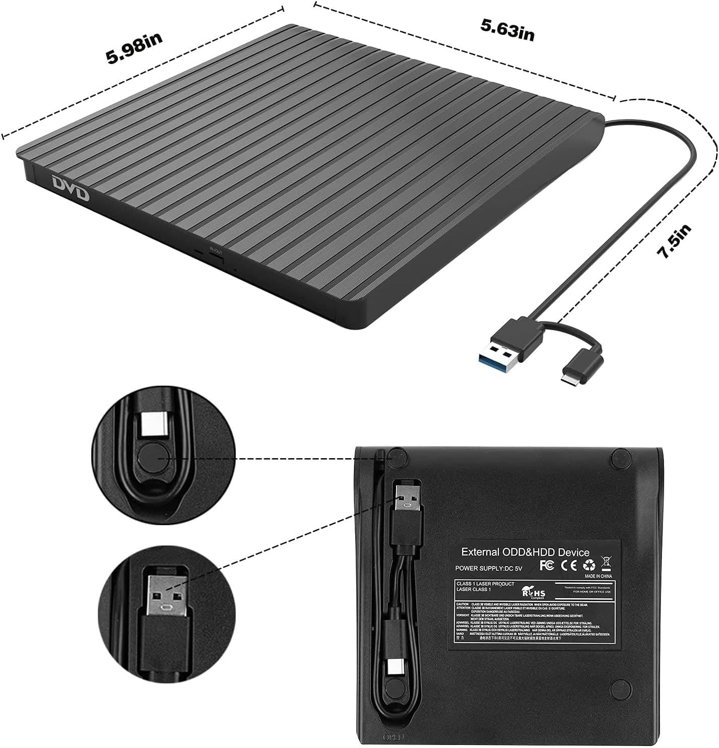 External CD/DVD Drive for Laptop USB-C & USB 3.0 CD/DVD ROM Drive Reader Writer DVD Burner Compatible with Laptop PC