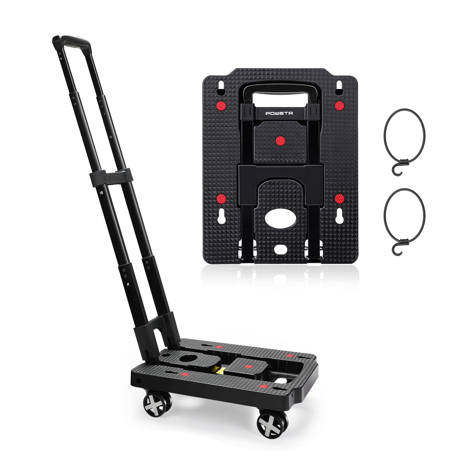 Carro de Mano, Carro de Equipaje Resistente de 120 Libras, camión de Plataforma Plegable portátil de 4 Ruedas con 2 Cuerdas elásticas para moverse, Saltar, Equipaje, Uso en Oficina, Negro