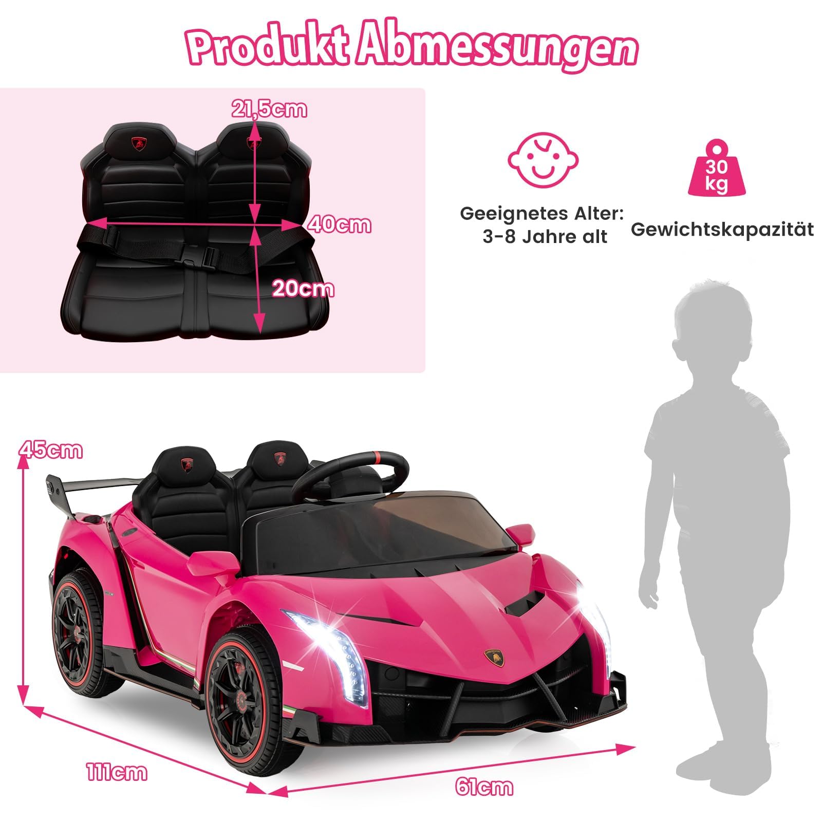 FANTASK Lamborghini Elektroauto für Kinder, Kinderfahrzeug mit 2,4-G Fernbedienung & LED Scheinwerfer & Hupe & Musik, Elektrofahrzeug 3-6 km/, Kinderauto Elektro für Kinder ab 3 Jahren (Rosa)