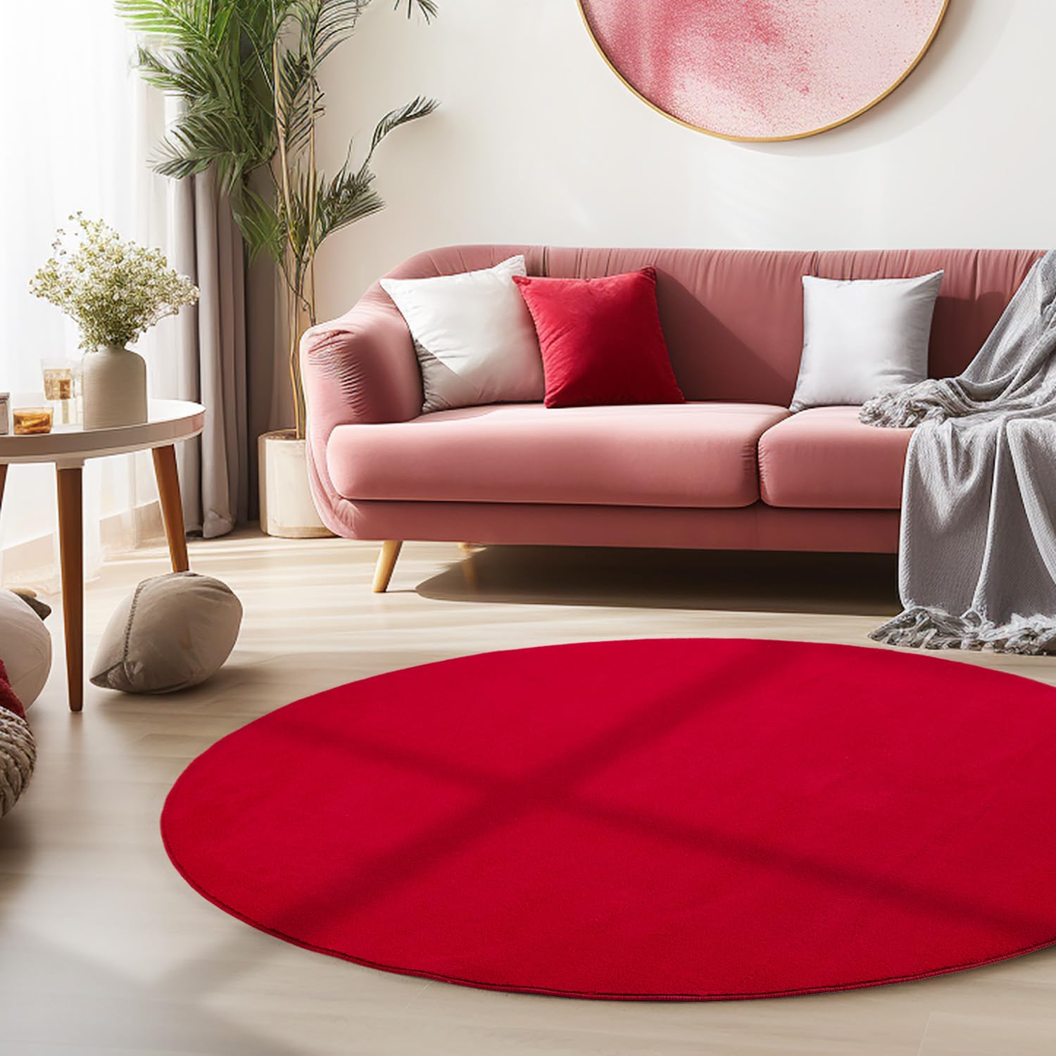 HomebyHome Alfombra de pelo corto para salón, 160 cm, redonda, color rojo, lavable para dormitorio, comedor e ideal como alfombra de cocina, alfombra mullida, extrasuave, monocolor, antideslizante,