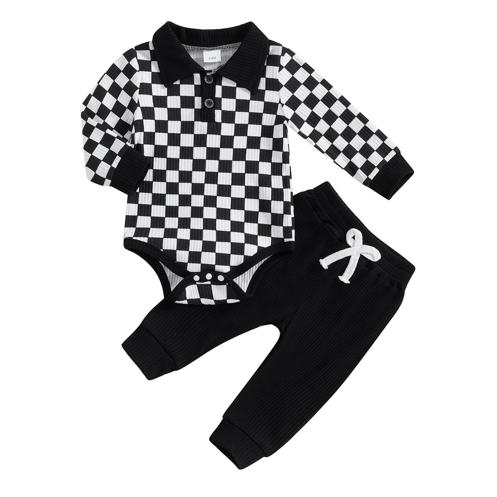 LIOMENGZI Infant Baby Boy Lapel Clothes Outfits Checkerboard Buttons Romper Sweatshirt Pant Toddler Fall Winter Clothes Set (Black, 12-18 Months)