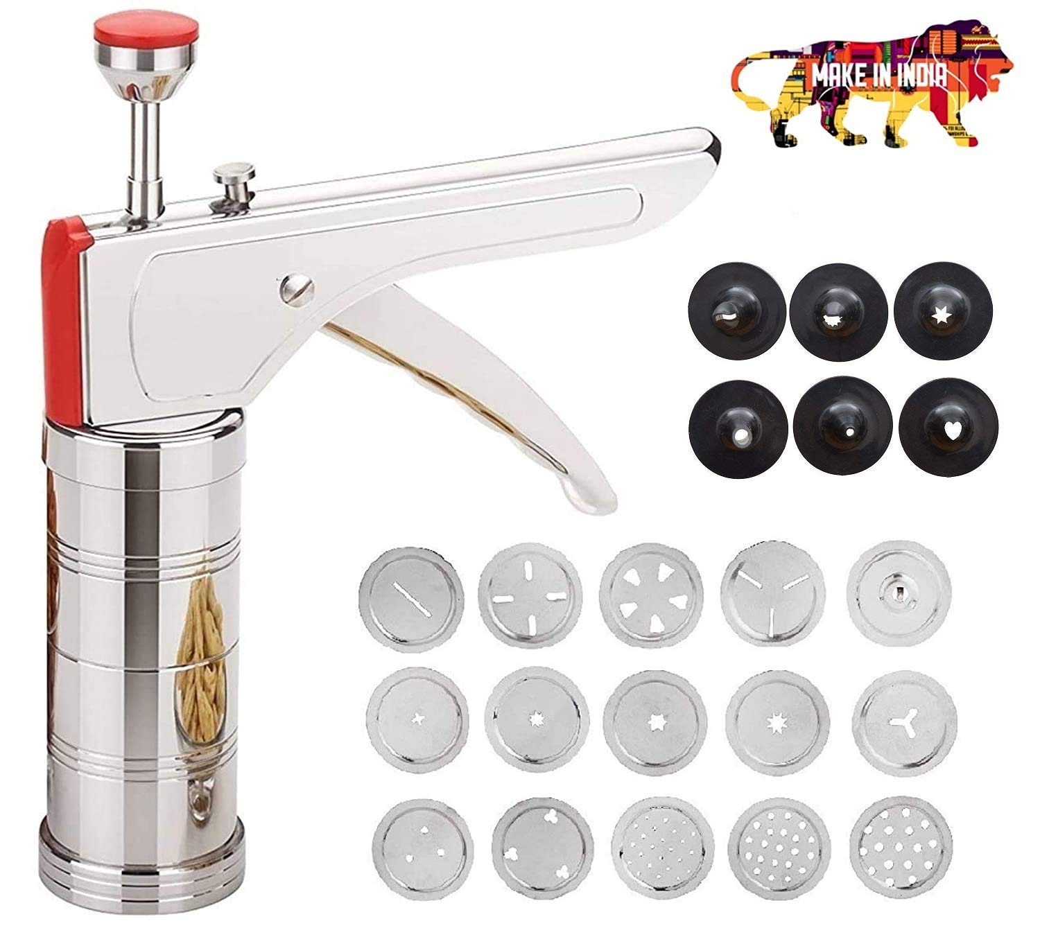 WSK Choice Kitchen Magic Press Slicer Stainless Steel Kitchen Press/Noodles/Murukku Maker with 15 sieves and 6 Plastic Sieves WSKA3114