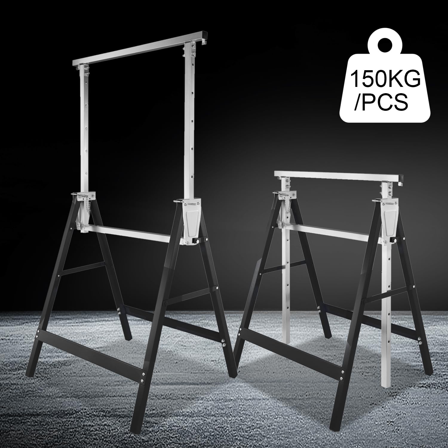 Daromigo Stołek do rusztowania, 4 x stojak warsztatowy, 7-stopniowa regulacja wysokości 80-130 cm, składany kozioł metalowy, składany kozioł do rusztowania, nośność 200 kg, czarno-srebrny