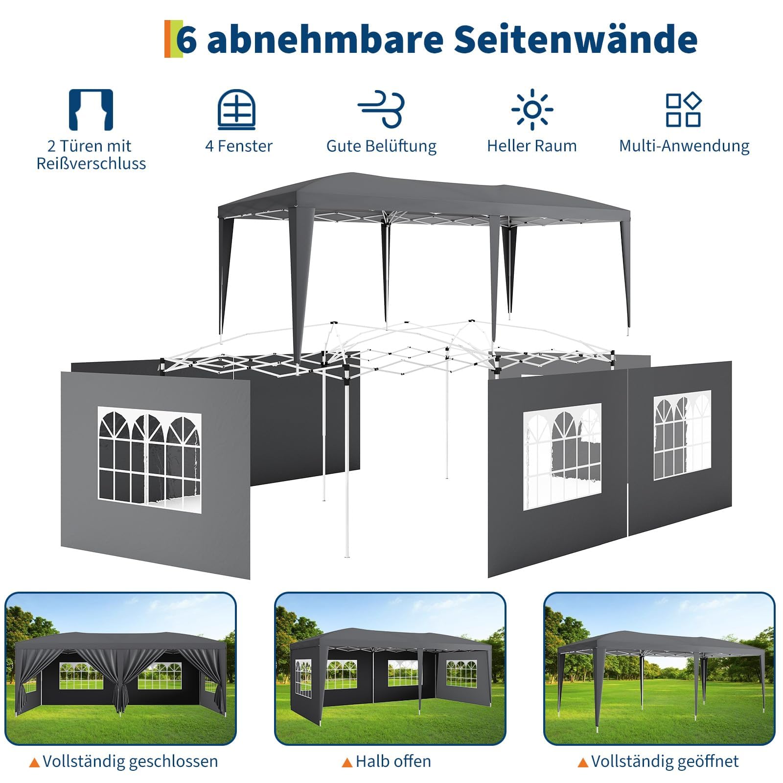Heavy Duty Pavillon 3x6 m Mit 6 Abnehmbaren Seitenwänden, Easy Pop Up Kommerzielle Partyzelt, Große Außenüberdachungen Mit 3 Verstellbaren Höhen, Dunkelgrau, 210D
