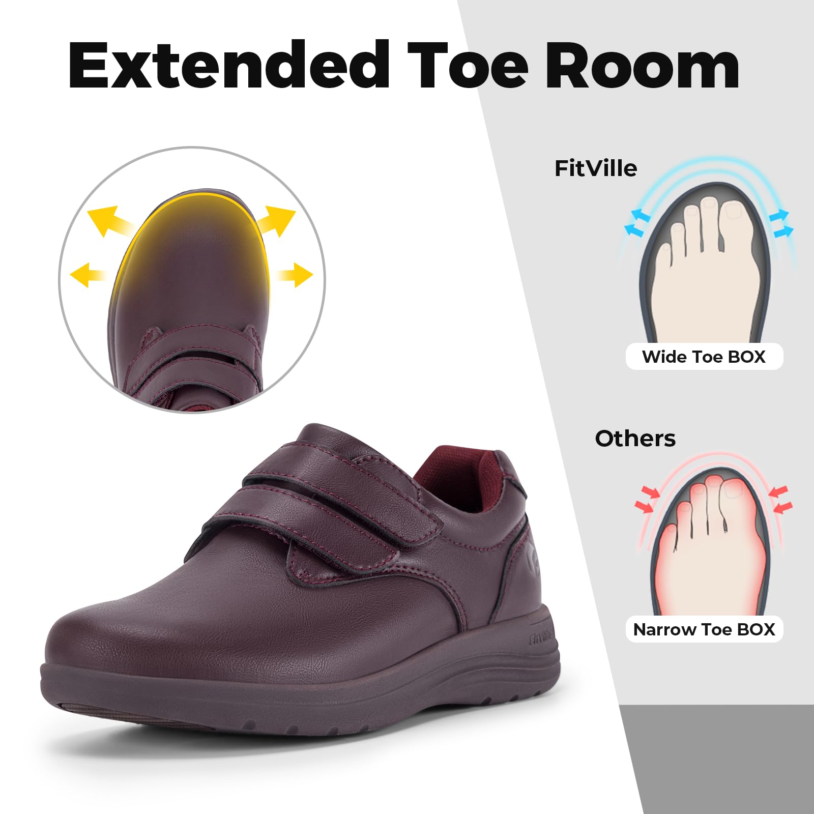 FitVille Scarpe Diabetici Donna Pelle Pianta Larga Scarpe Ortopediche Strappo Scarpe Comode da Passeggio pour Piedi Sensibili Piedi Gonfi