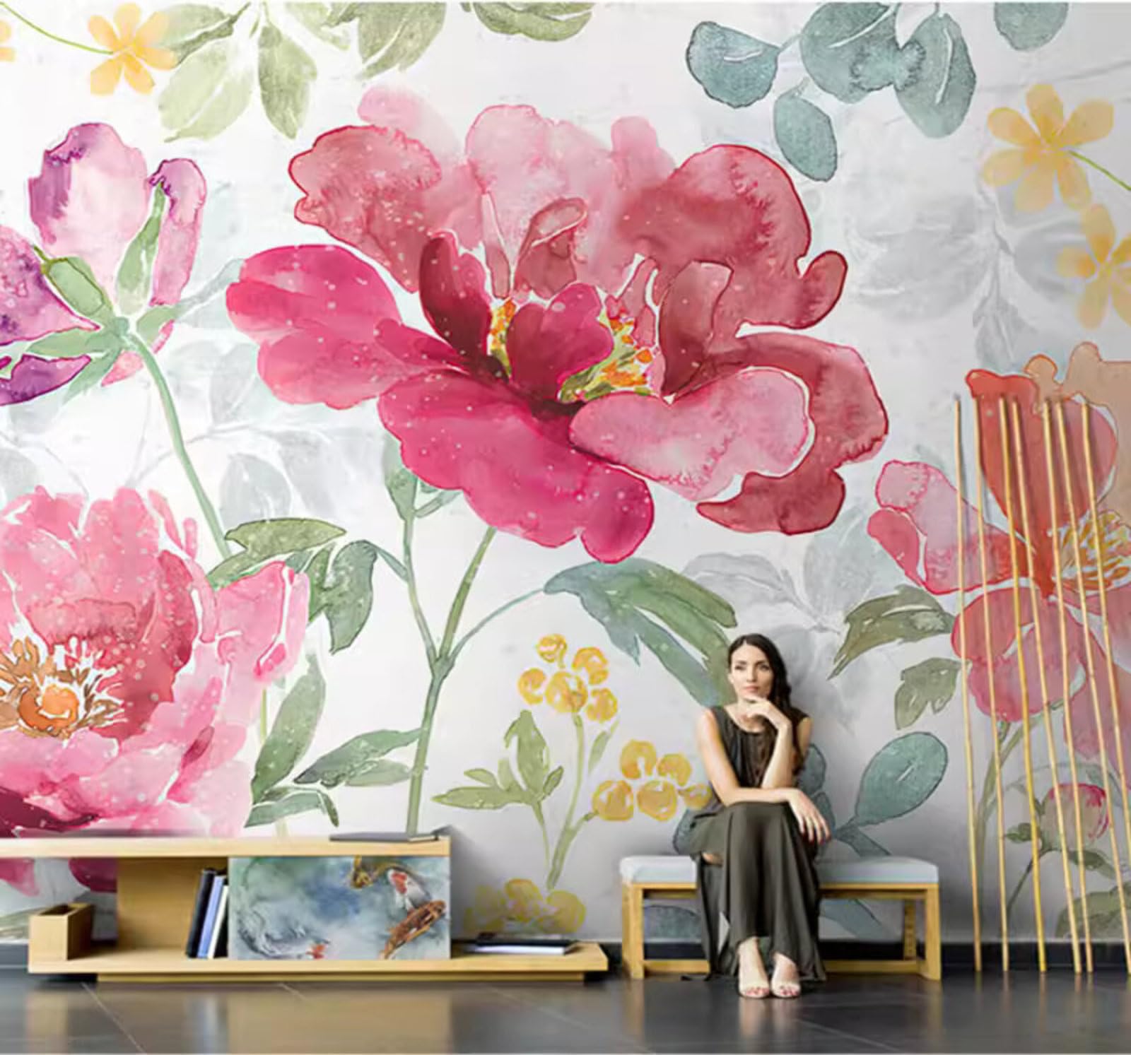 Xlming 150Cm×105Cm(B×H) Rural Beautiful Peony Hand Drawn Art 3D Wallpaper Luxury Silk Study Dining Feature Sofa Grey Bedroom Living Room Tv Decorative Wall-150Cm×105Cm