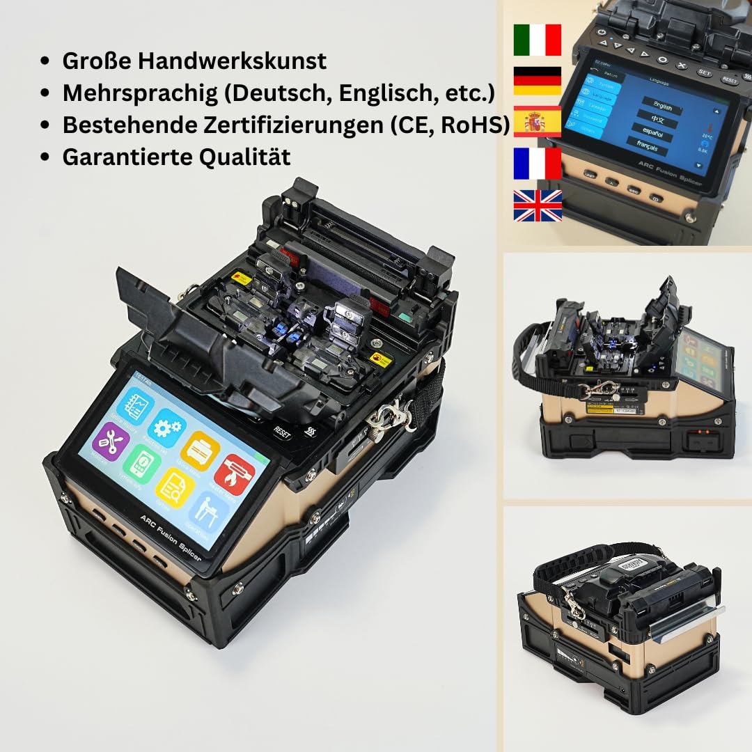 SD-9 Glasfaser Spleißgerät mit OPM und VFL Erstaunlich 5-Sekunden-Spleißen und 11-Sekunden-Heizung, Fusion Splicer LWL Spleißgerät Kit Kernausrichtung 6 Motoren mit 7200-mAh-Akku