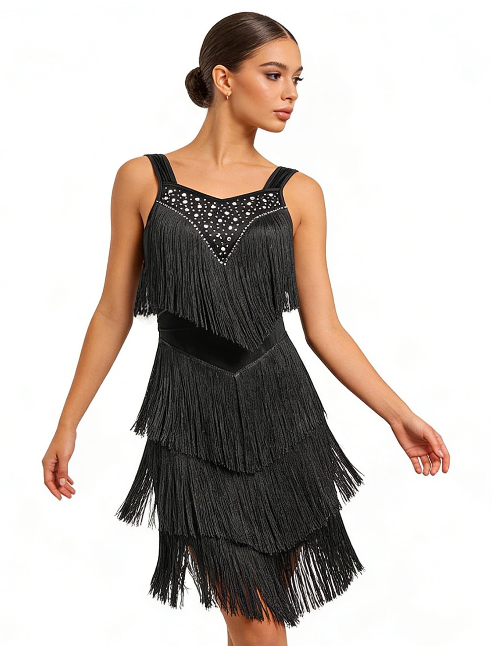 Latin Tanzkleid Damen Tanzkleid mit Fransen Salsa Kleid Damen Ballroom Kleid Damen - Sexy Glitzer Lateinkleid Kurz für Rumba Cha Cha Wettbewerb Training Party