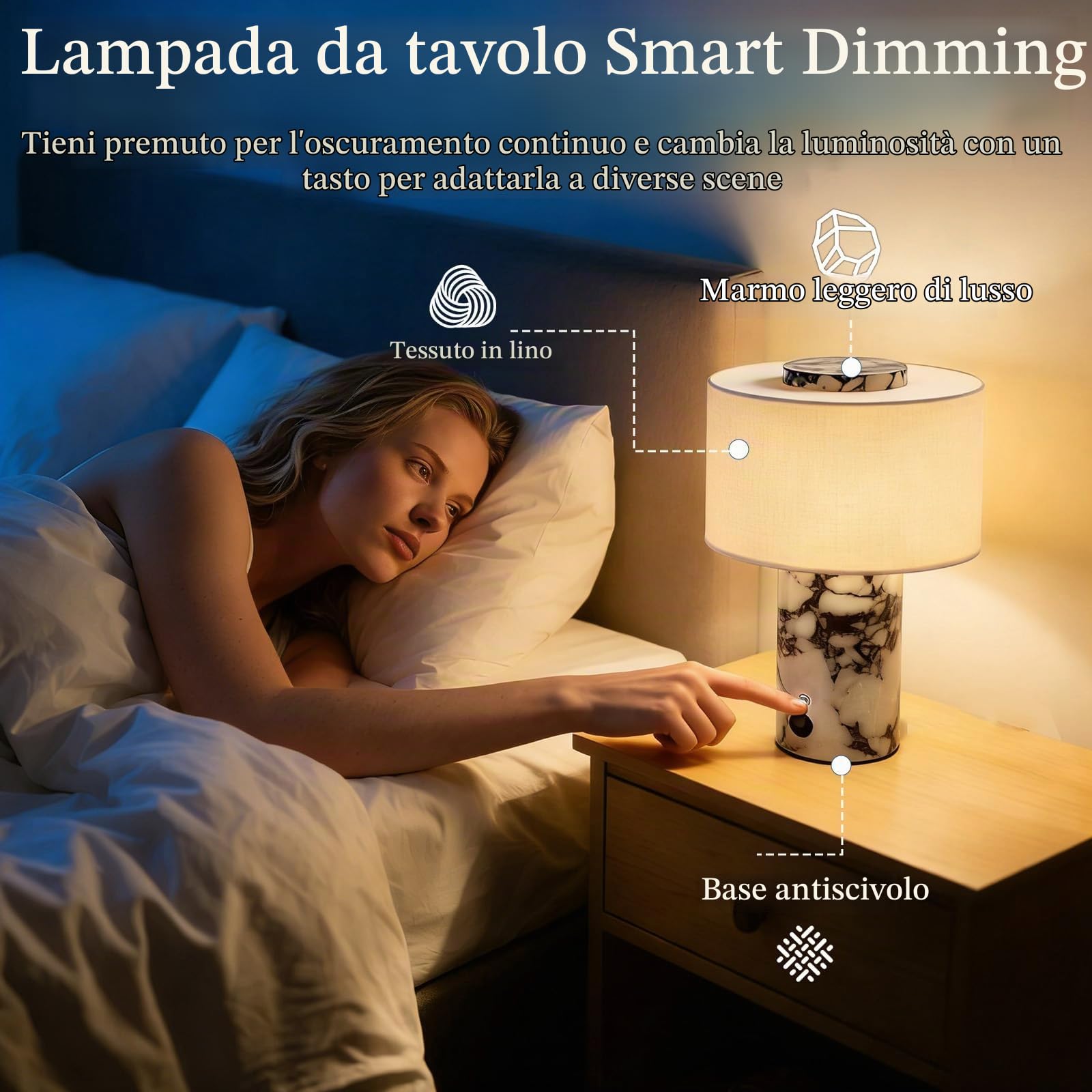 Lampada da tavolo in marmo dimmerabile al tocco, luce notturna in marmo di pietra ricaricabile con paralumi in lino di fascia alta, forma cilindrica per miglioramenti domestici esse #01 Black & White