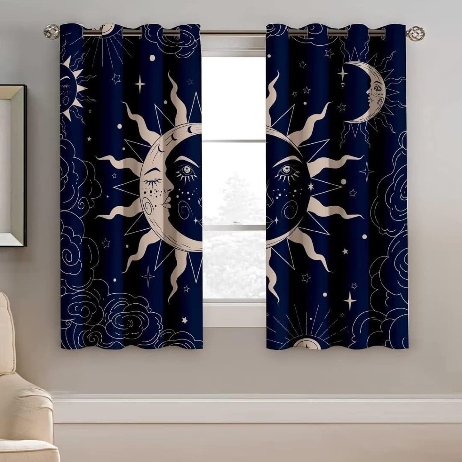 kxry Sun and Moon Blackout Curtains for Bedroom Living Room Navy Blue Boho Celestial Darkening Grommet Curtain 84 Inches Long Window Drapes Treatment Room Decor,2 Panels Set - Image 2