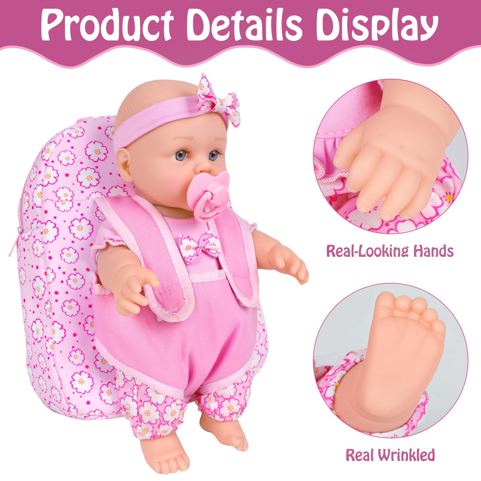 Muñecas de bebé de 12 pulgadas con mochila para guardar ropa y accesorios de muñecas, juego de muñecas Reborn de 12 pulgadas en caja de regalo con biberón y pañal para pezones para niños 5