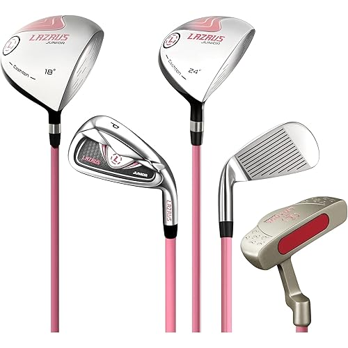 LAZRUS GOLF Premium Kids Golf Clubs Set Or Individuals for Boys or Girls - Junior Golf Clubs - Driver, Fairway Wood, 7 Iron, PW, Putter - Blue or Pink