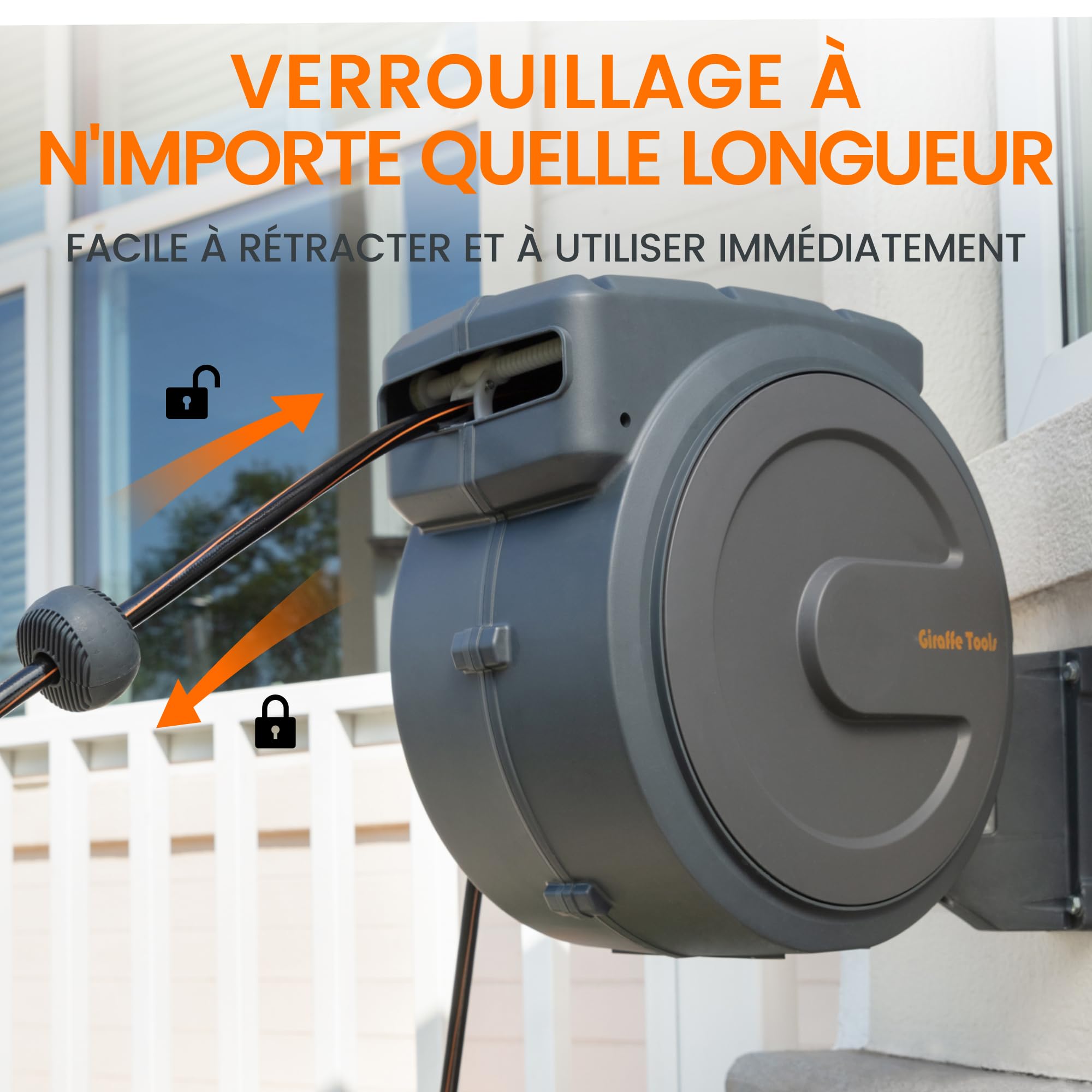 Giraffe Tools Enrouleur Tuyau Arrosage Gris Foncé Mural Jardin 30m+2m, Devidoir Rétraction Automatique et Pistolet d'Arrosage 7 Buse …