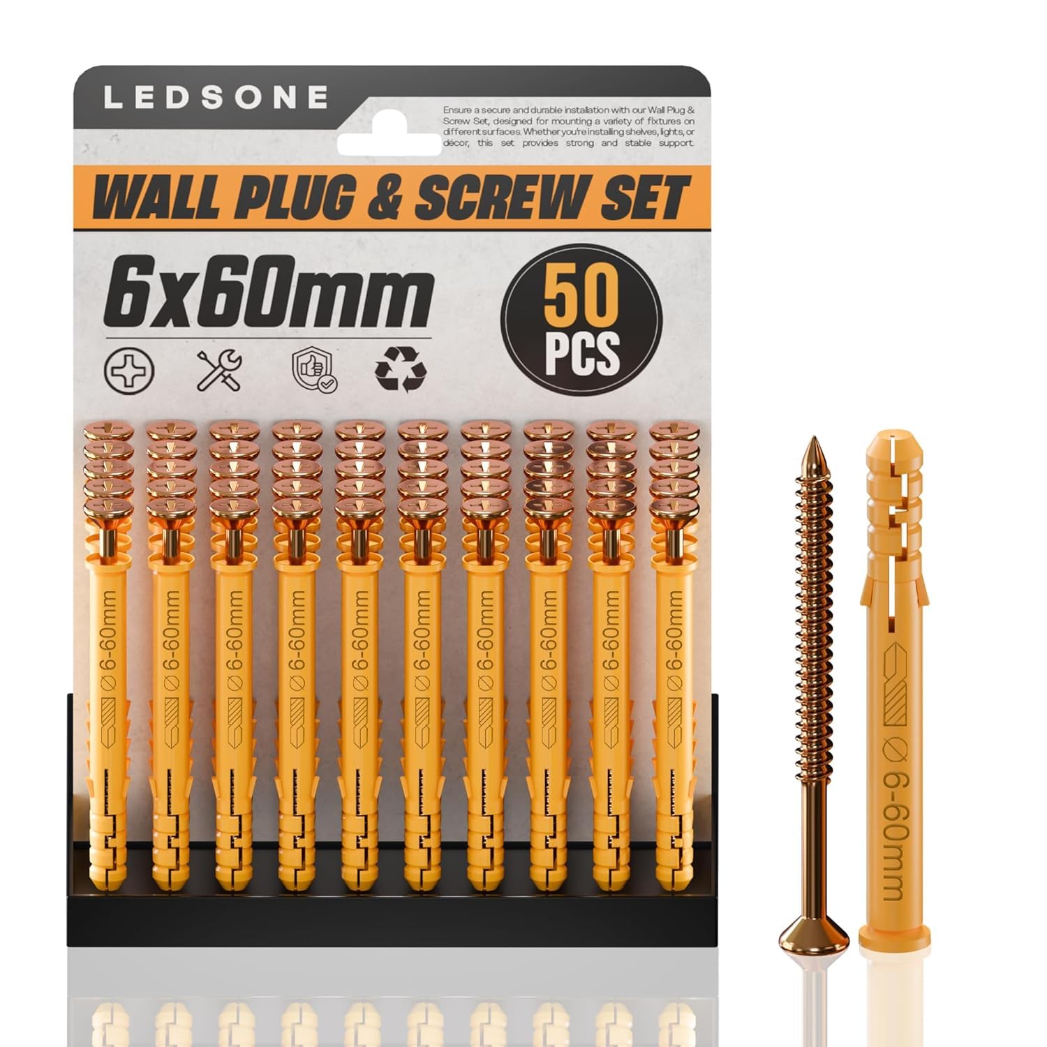 Screws and Wall Plugs Set(1 pack 50 pcs),Masonry Brick Concrete Fixings Plugs Assortment Kit,Raw Plugs and Screws in Compartment Box,Zinc Galvanized 3 Different Size (6x60mm, 1 Pack) โ image 1