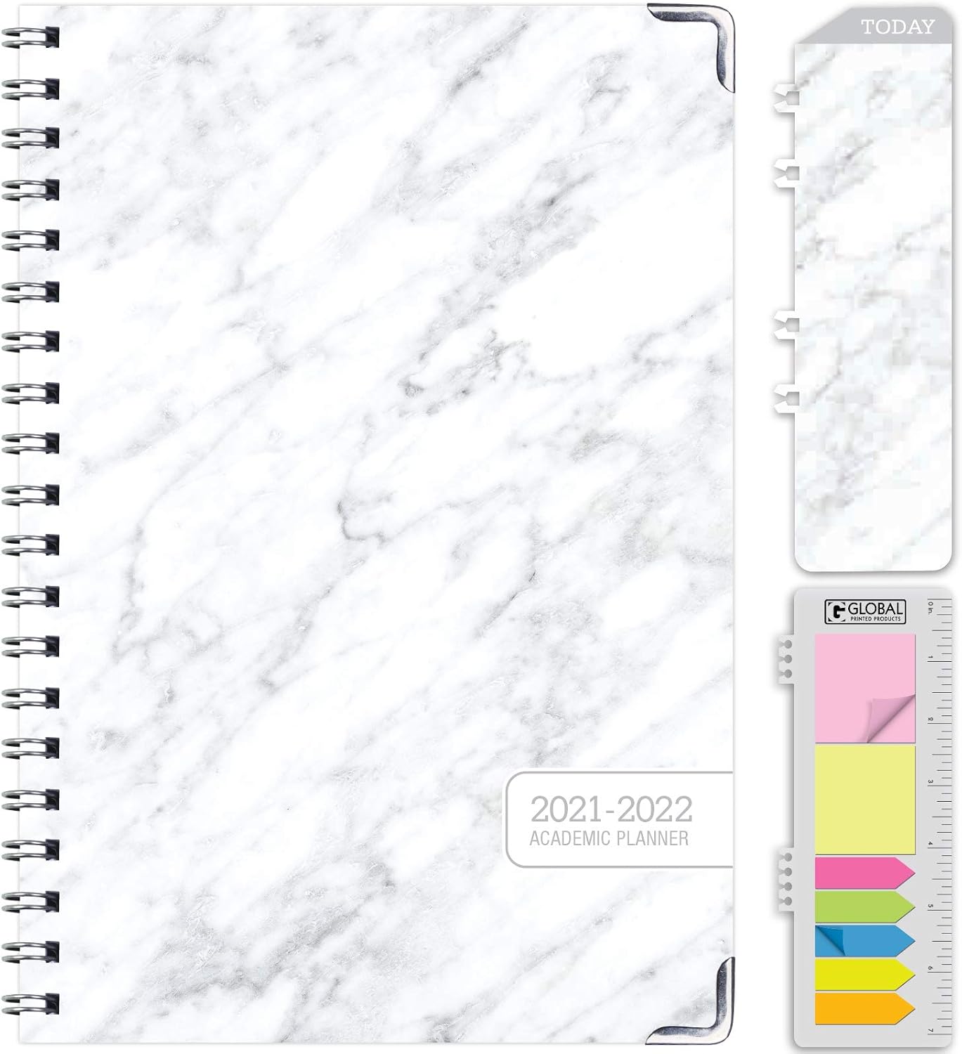 HARDCOVER Academic Year 2021-2022 Planner: (June 2021 Through July 2022) 5.5"x8" Daily Weekly Monthly Planner Yearly Agenda. Bookmark, Pocket Folder and Sticky Note Set (Grey Marble)