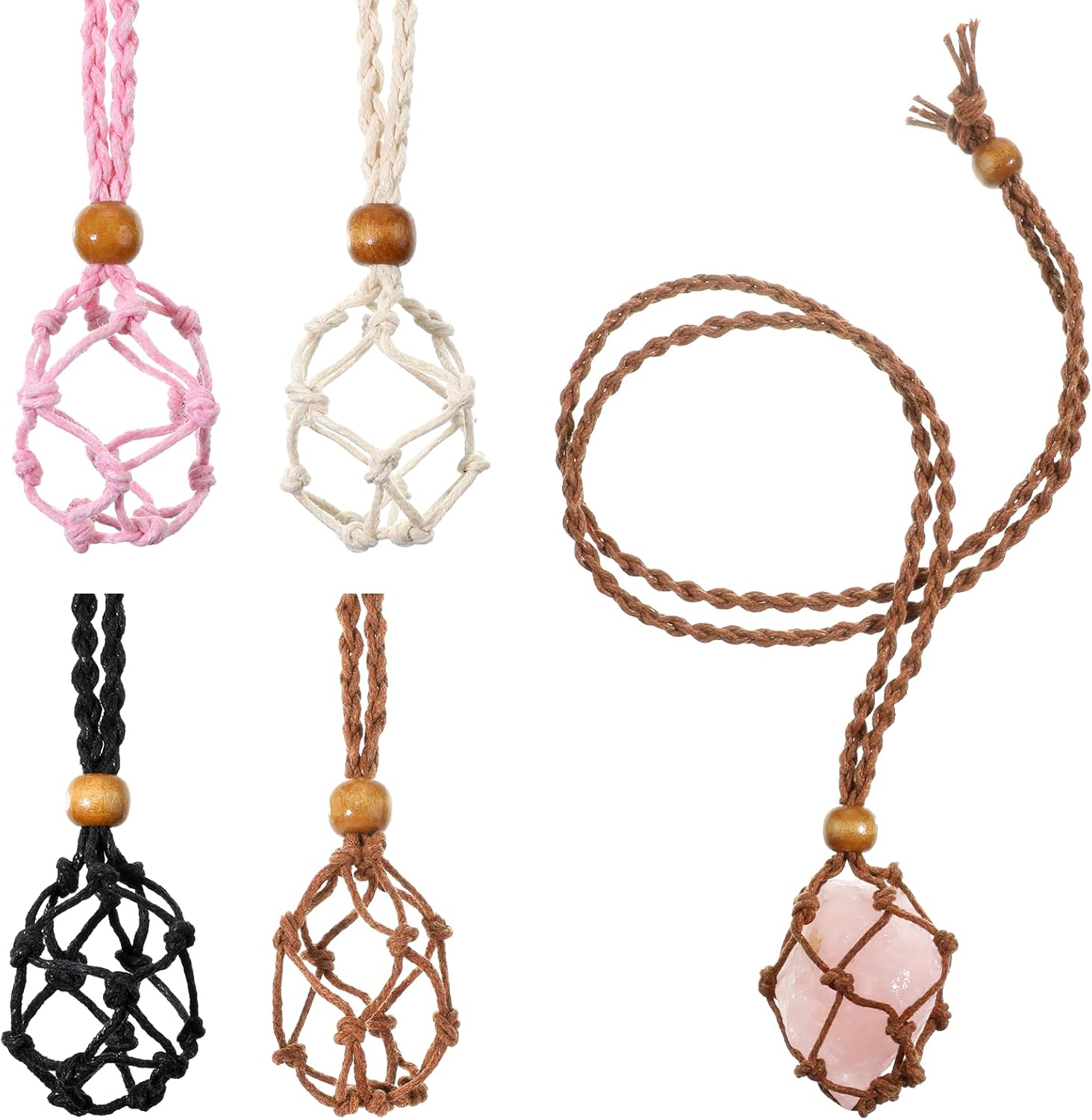 4 Pcs Crystal Necklace Holder Cage, Adjustable Empty Stone Holder Necklace Quartz Crystal Stone Cage Cord Hand-Woven Cord Replacement for DIY Jewelry Craft Bracelet 4 Colors