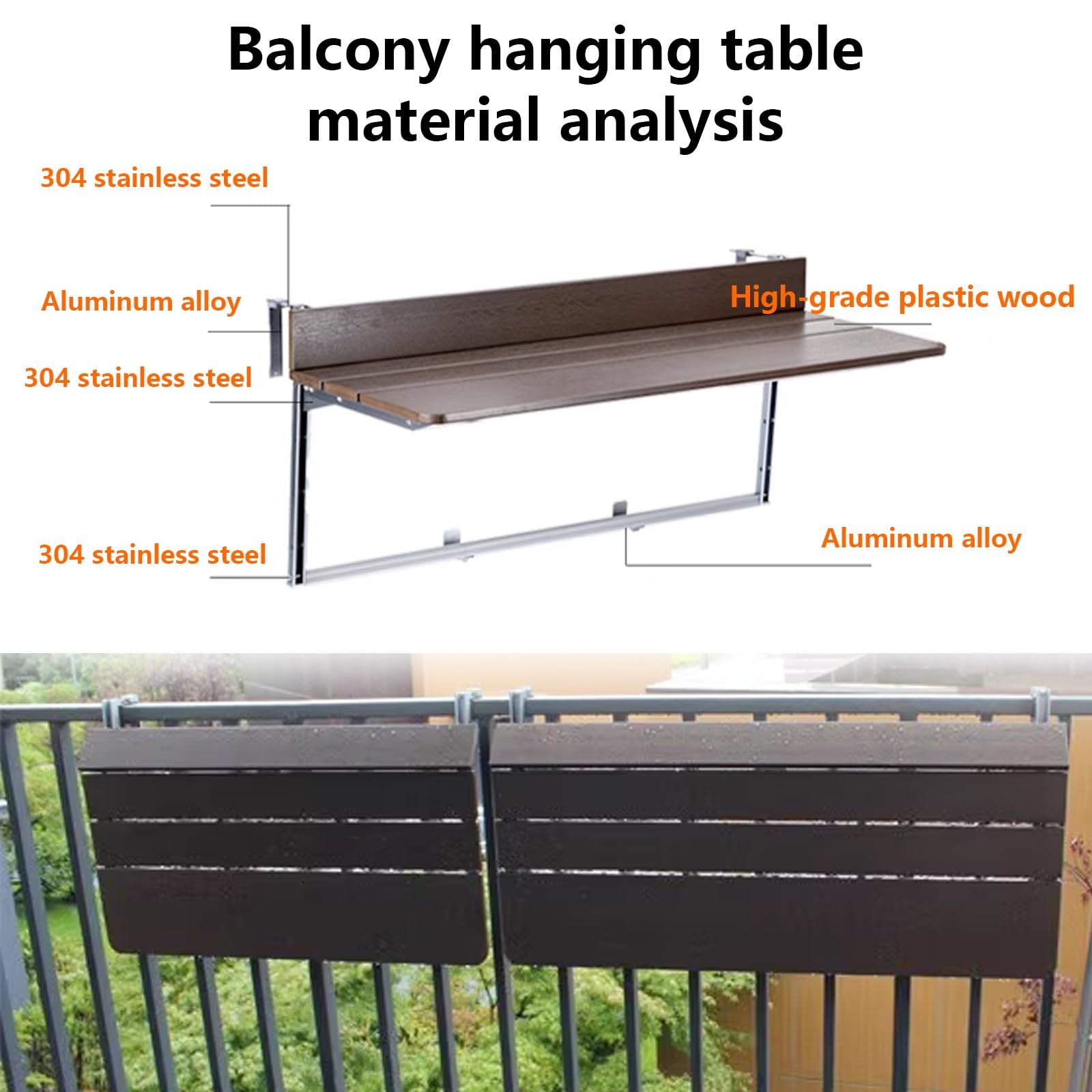 Generico Tavolo da Esterno Regolabile per ringhiera del Balcone - Tavolo da Bar Pieghevole per terrazza, Struttura in Alluminio, Design Compatto, Portata Massima 40 kg, Perfetto per Balcone e Patio (