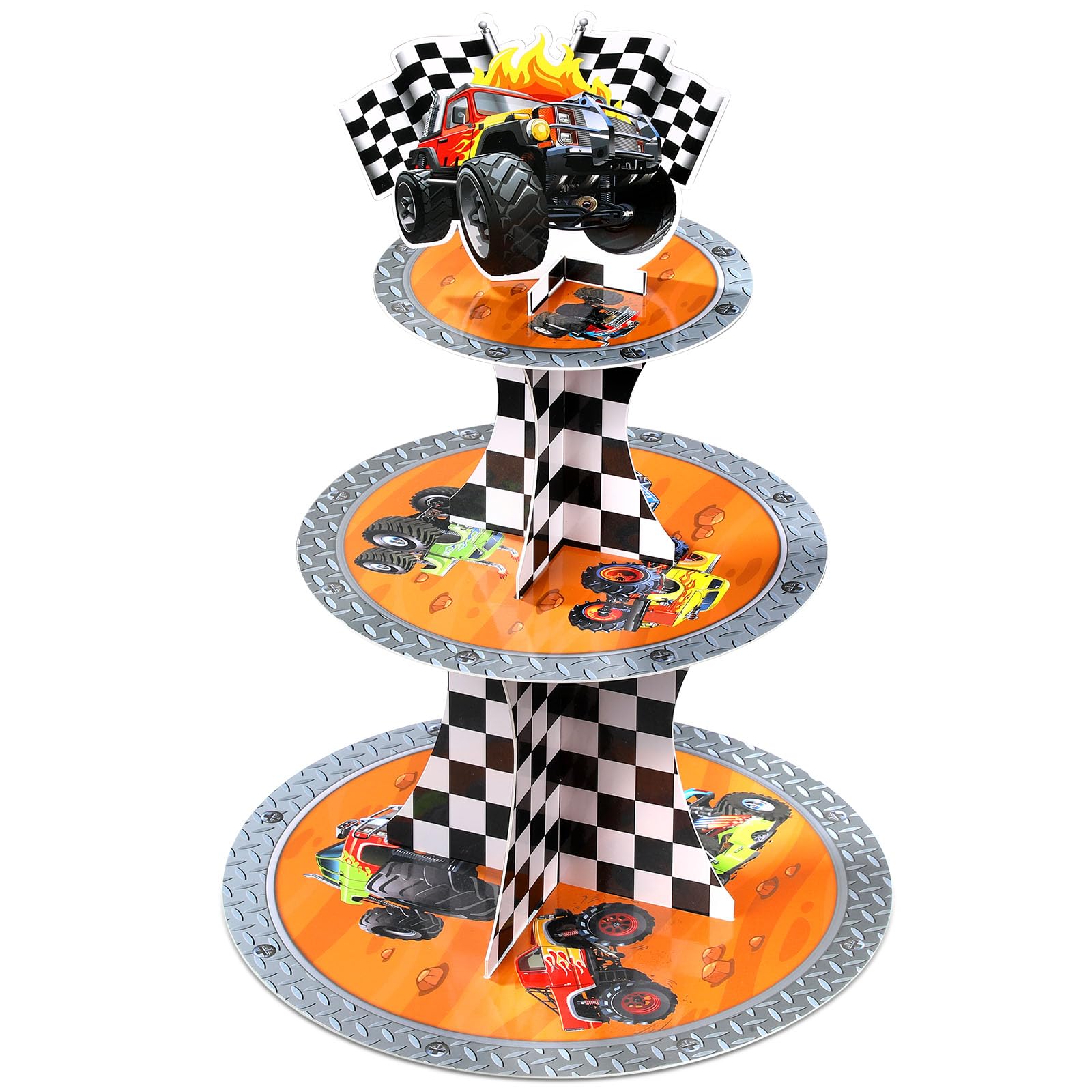 Nuenen 3 Tiers Truck Birthday Cupcake Holder Checkered Flags Truck Car Party Supplies Construction Stand Monster Themed Cardboard Cupcake Tower for Monster Birthday Baby Shower Party Decor