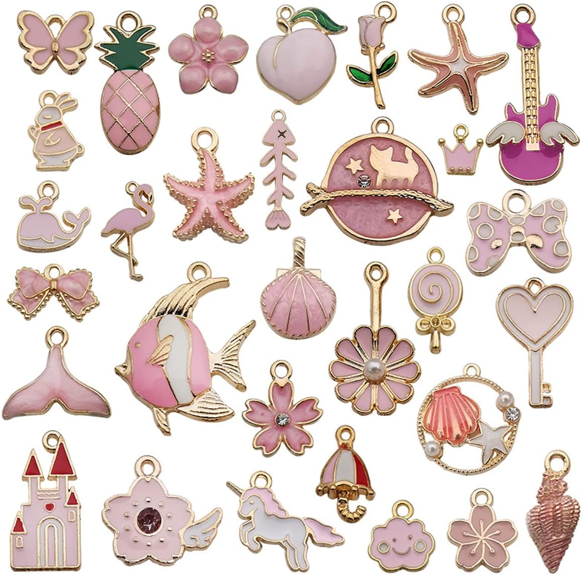 Palay 31Pcs Diy Jewelry Making Pendent Kit Assorted Lovely Enamel Charms Pendents Gold Plated Diy Charm Necklace Bracelets Pendent Kit For Bracelet Jewelry Making And Crafting, Pink