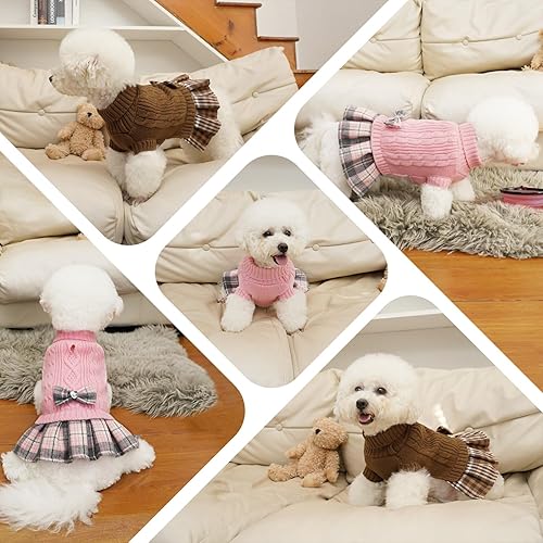 Miniatura 6 de YUDODO Vestido suéter para perro pequeño con cuello alto y corbatín, vestido de punto para perro, ropa cálida de invierno para Yorkies, Chihuahua