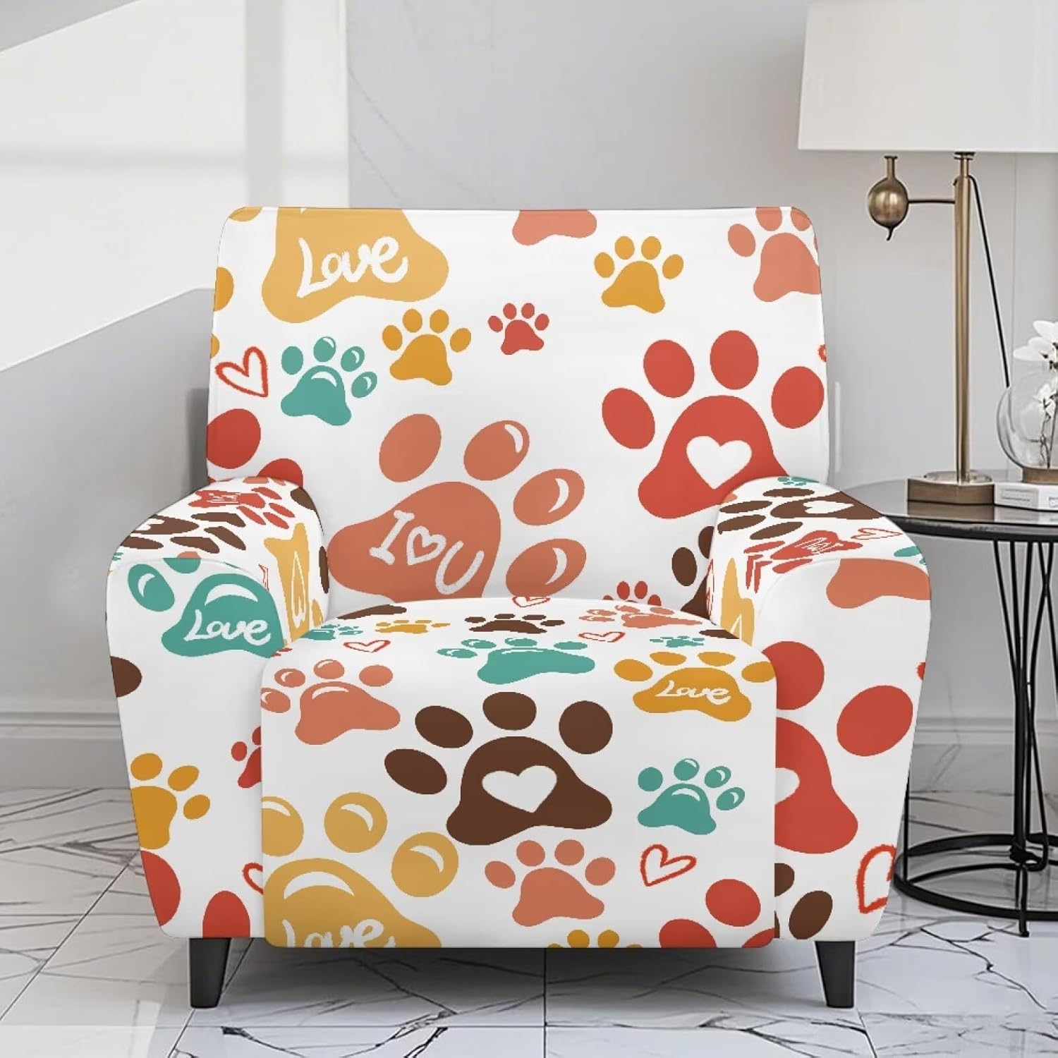 FOR U DESIGNS Colorful Paw Recliner Slipcover Chair Cover with Elastic Loops for Reclining Chairs Easy to Install Washable Blocks Scratches Homde Deocr