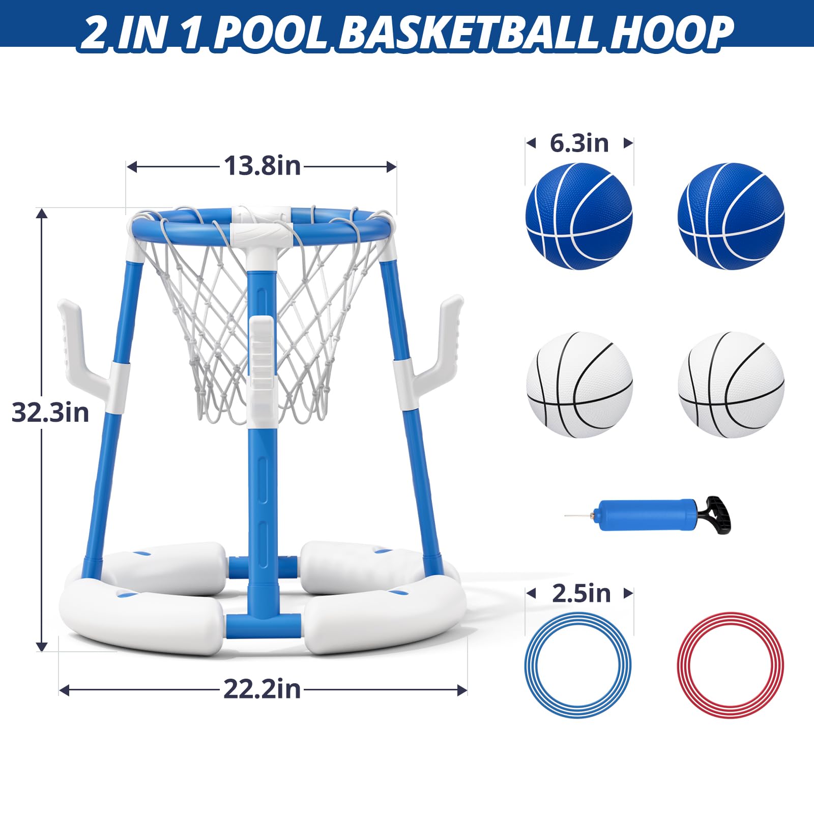 HYES Canasta de Baloncesto Piscina, Flotante Canasta Juguetes para Niños, Piscina de Baloncesto con 4 Bolas 8 Anillo, Juegos de Agua Interior y Exterior para Niños Adultos, Azul