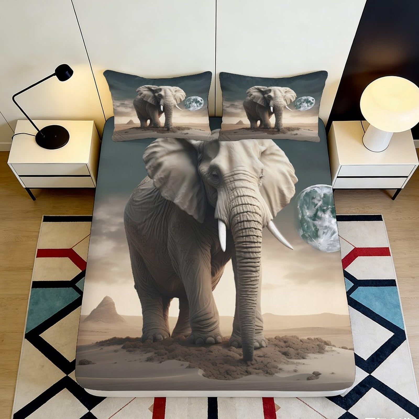3D Printed Elephant Fitted Sheet Microfiber Deep Pocket Full Wrap Non-Slip Elephant Mattress Fitted Cover for Bedroom 200x200x25cm 90x200x25cm