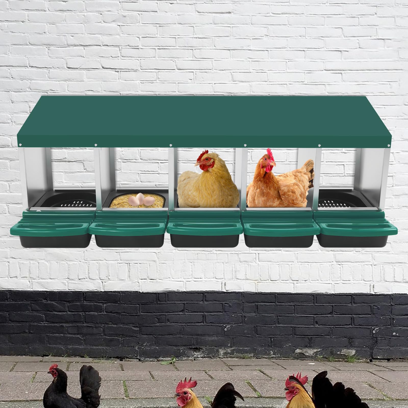 Nido para pollos, 5 compartimentos, nido de pollo de acero galvanizado y plástico, con pie en el suelo o en la pared, con toldo para gallinero y aves de corral