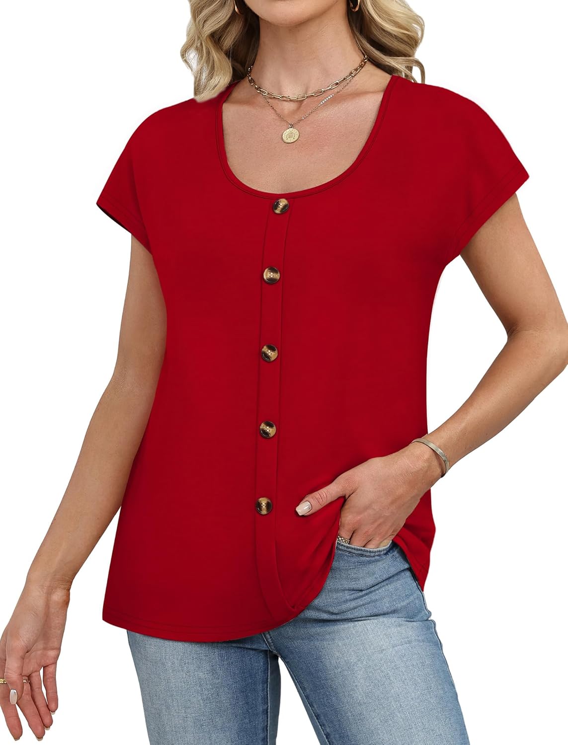 WIHOLL Womens Summer Tops Cap Short Sleeve Shirts Button Down Blouses U Neck T Shirts Fashion Clothing - Image 3