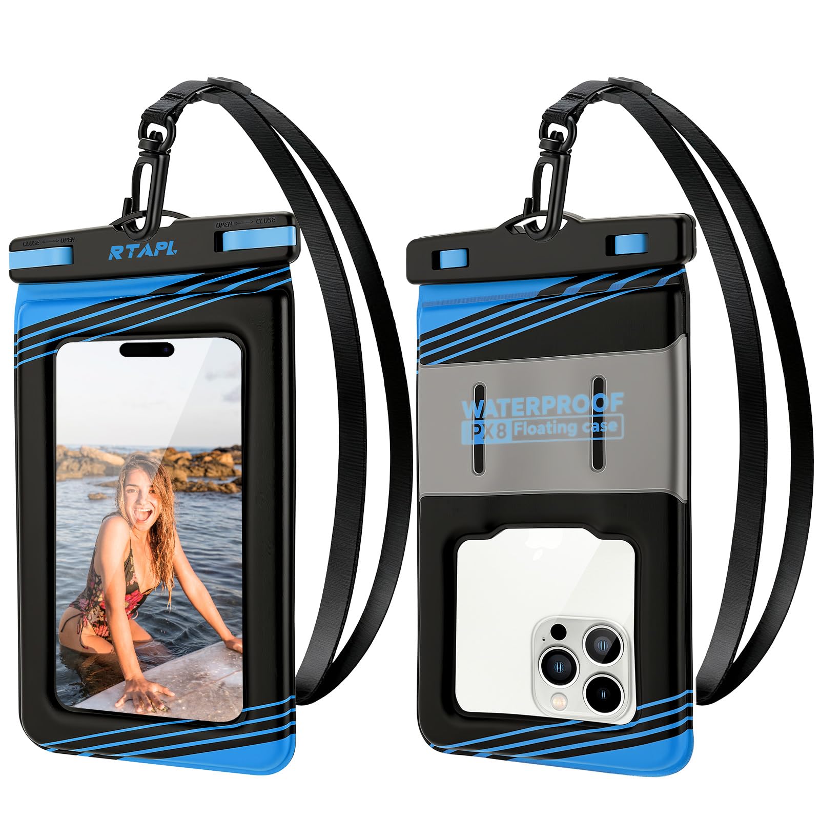 Floating Waterproof Phone Pouch 2 Pack - IPX8 Waterproof Phone Case with Lanyard, Universal Protector for iPhone 17/16/15/14/13 Pro Max Plus & Galaxy S25/S24, Blue