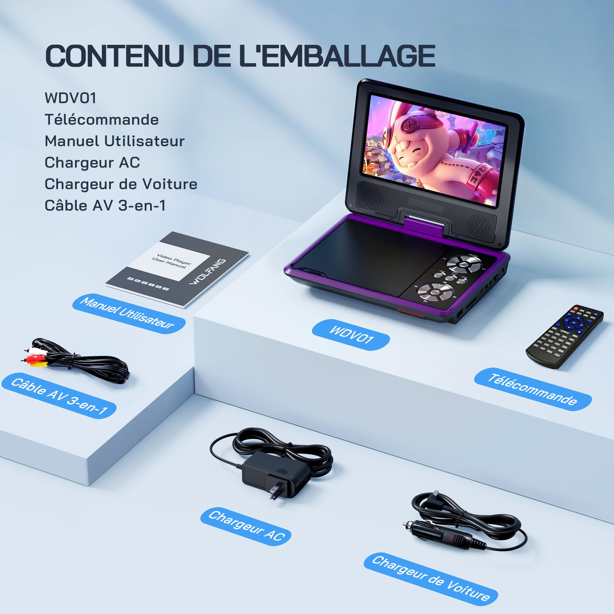 WOLFANG Lecteur DVD Portable Enfants 9,5" Écran Pivotant HD 6 Heures Autonomie USB/SD