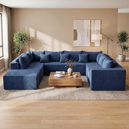 Redlife 135" U-Shaped Modular Sectional Sofa, 8-Seater Boneless Couch with Ottoman, Blue Corduroy Upholstery, 28" Deep Seat, Removable Covers, Non-Slip Texture, No Assembly Required