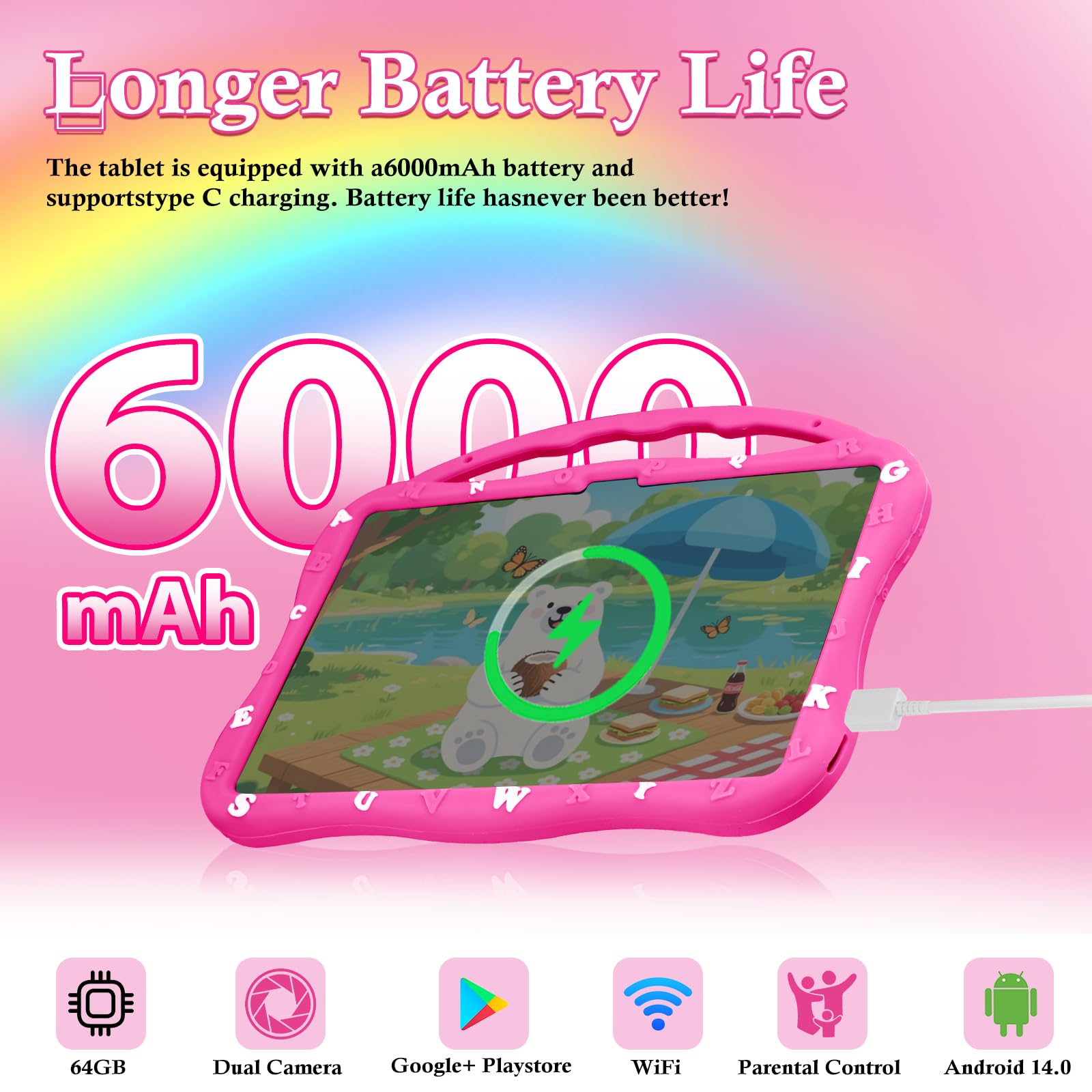 MengDash Tablet per bambini, tablet da 10,1 pollici per bambini, tablet educativo per bambini Android 14, 12 GB di RAM+64 GB di memoria ROM, WiFi 5G, per bambini 3-10 (rosso)