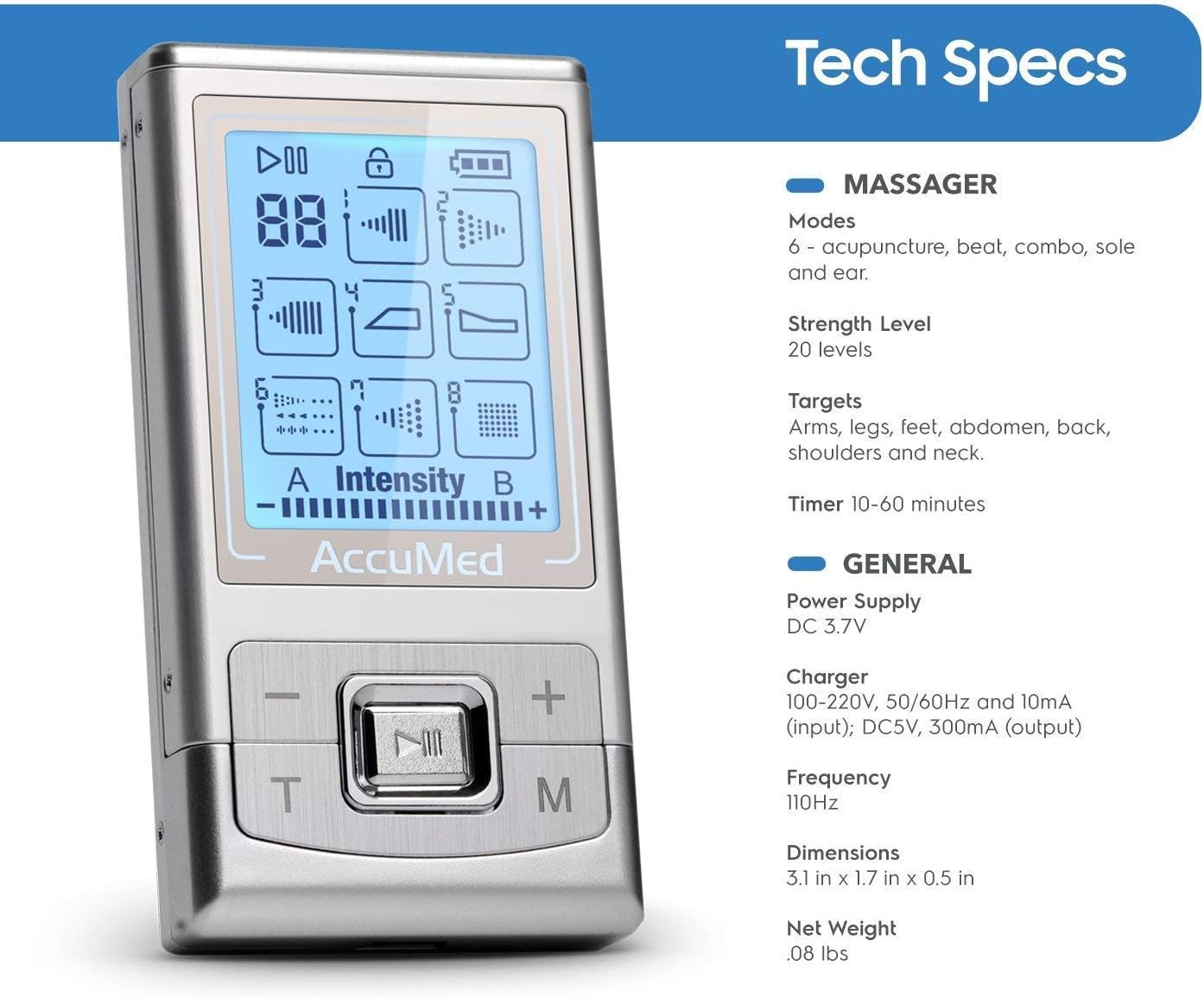 AccuMed Rechargeable Tens Unit Muscle Stimulator EMS Electronic Pulse Massager Stim Machine for Physical Therapy Back and Neck Pain Relief Portable Electric Tinge Electro-Therapy 8 Modes (AC-AP211)