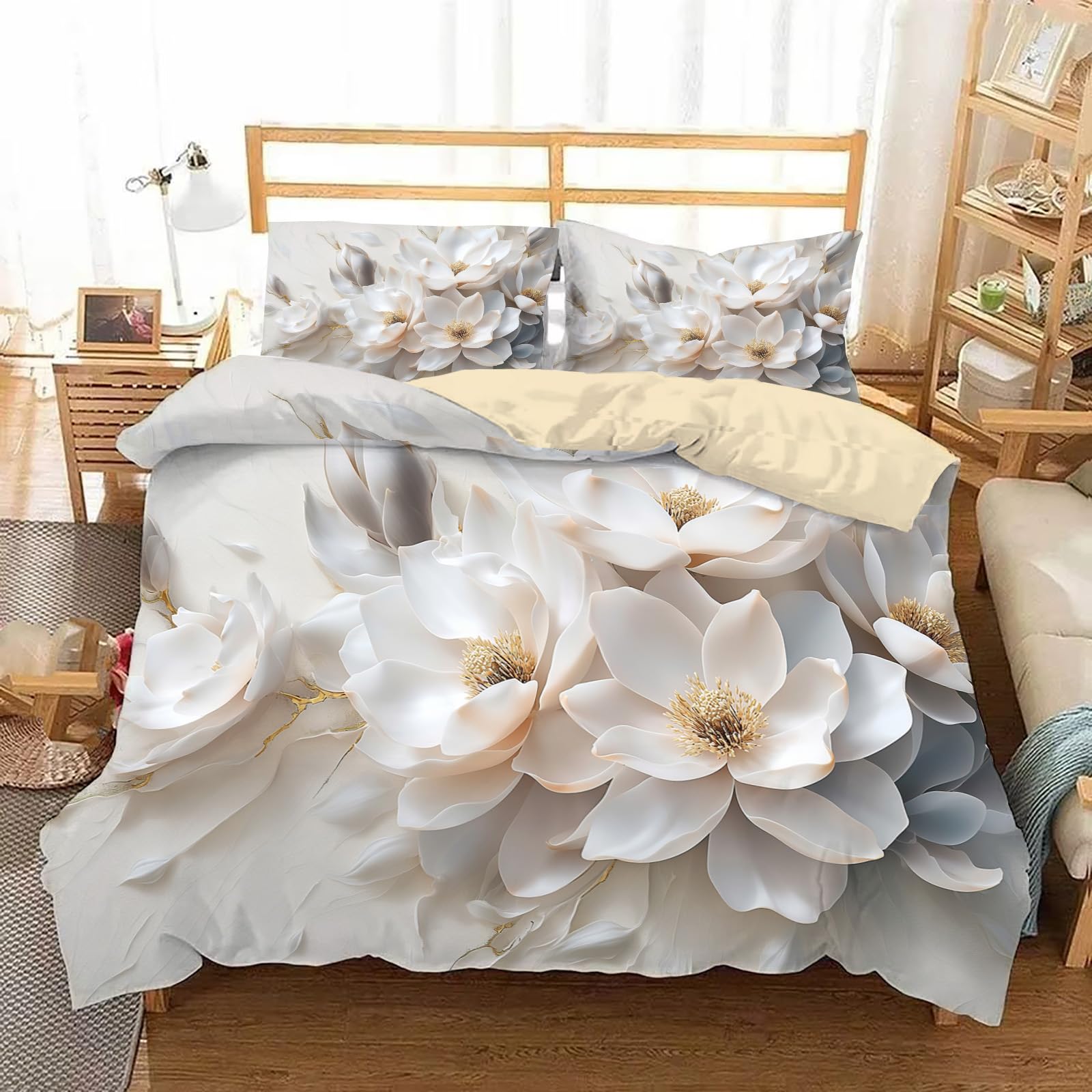 Parure de lit lotus crème 220x240 pour une chambre style peinture à l'huile