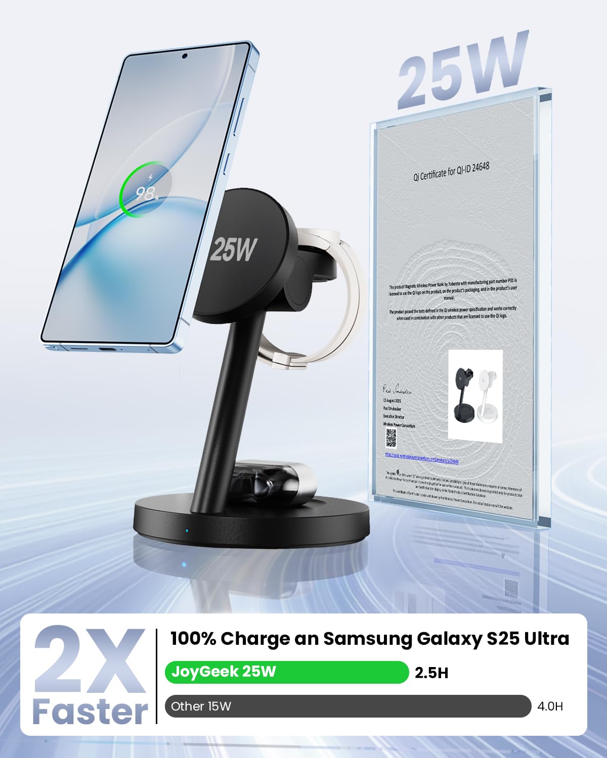 JoyGeek Chargeur Induction pour Samsung S26/S25, Chargeur sans Fil Qi2.2 25W Rapide, Station Magnétique 4-en-1 pour MagSafe, Galaxy S24 Ultra, Z Fold/Flip, Watch, Buds